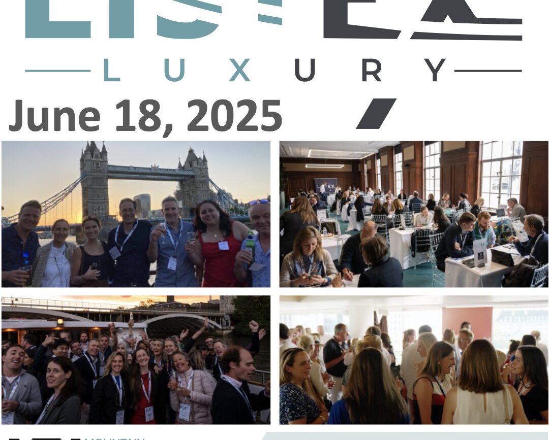 Collage of four event photos showing business networking and hospitality scenes in London. Guests wearing name badges socialise outdoors at sunset with Tower Bridge in the background, professionals meet at tables inside an elegant wood-panelled room, a lively group smiles together on a riverside terrace, and attendees mingle at an indoor drinks reception.