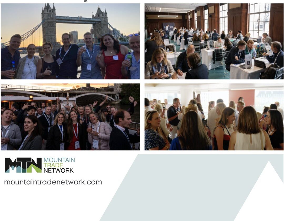 Collage of four event photos showing business networking and hospitality scenes in London. Guests wearing name badges socialise outdoors at sunset with Tower Bridge in the background, professionals meet at tables inside an elegant wood-panelled room, a lively group smiles together on a riverside terrace, and attendees mingle at an indoor drinks reception.